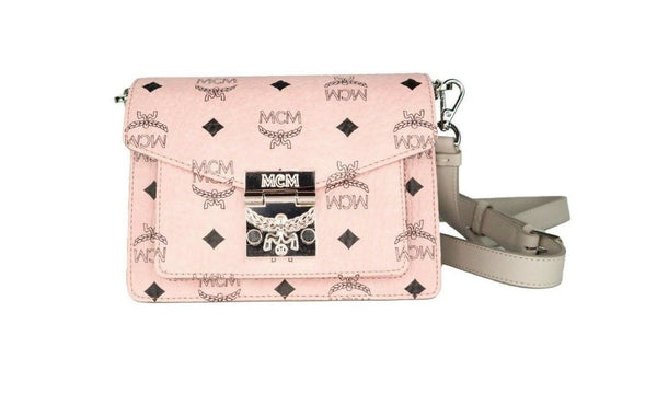 MCM Signature Pehmeä Pinkki Diamond Logo Nahkainen Mini Flap Lock Crossbody käsilaukku