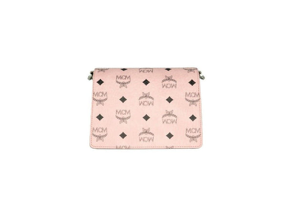 MCM Signature Pehmeä Pinkki Diamond Logo Nahkainen Mini Flap Lock Crossbody käsilaukku