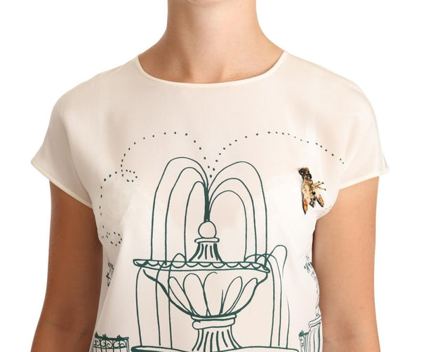 Dolce &amp; Gabbana White Silk Garden Fountain T-paitapusero