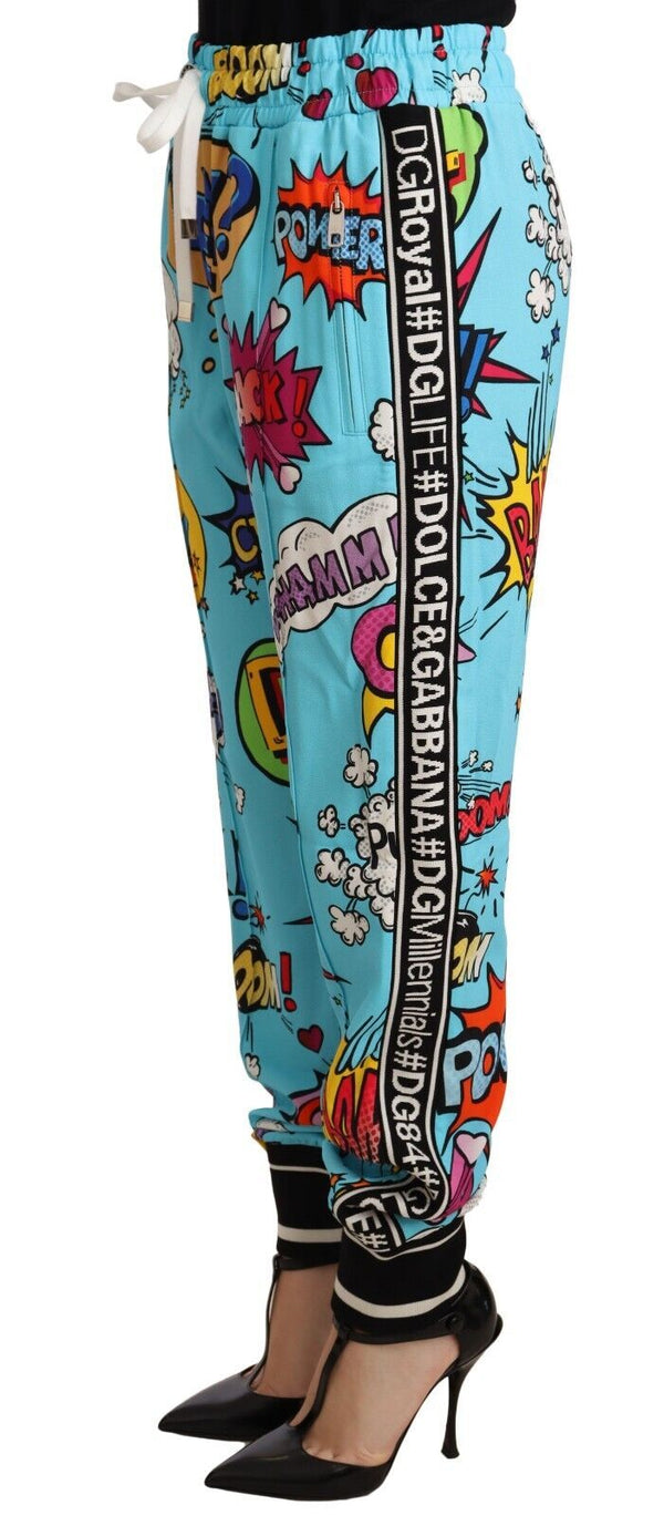 Dolce &amp; Gabbana Blue Cartoon Print Jogger Viskoosi Stretch -housut