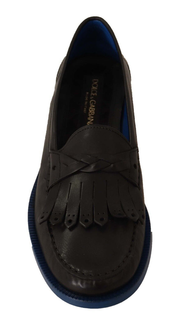 Dolce &amp; Gabbana Black Leather Tassel Slip On Loafers Shoes