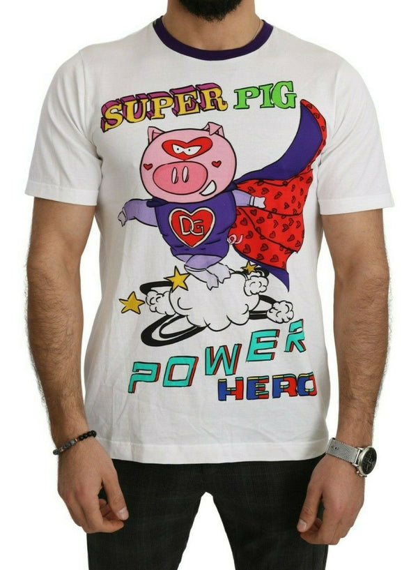 Dolce &amp; Gabbana White Cotton Top Super Power Pig T-paita