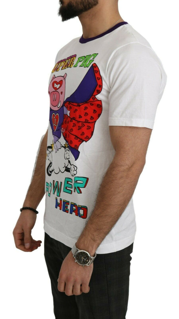 Dolce &amp; Gabbana White Cotton Top Super Power Pig T-paita