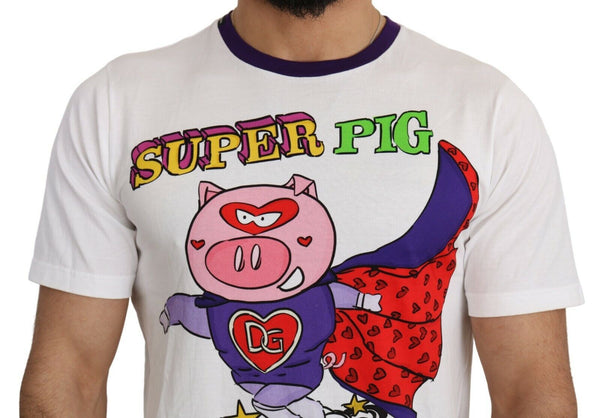 Dolce &amp; Gabbana White Cotton Top Super Power Pig T-paita