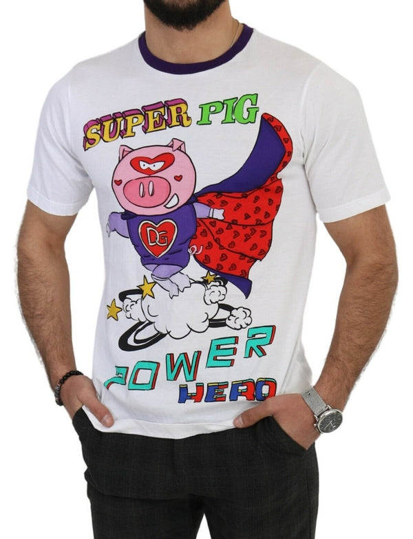 Dolce &amp; Gabbana White Cotton Top Super Power Pig T-paita