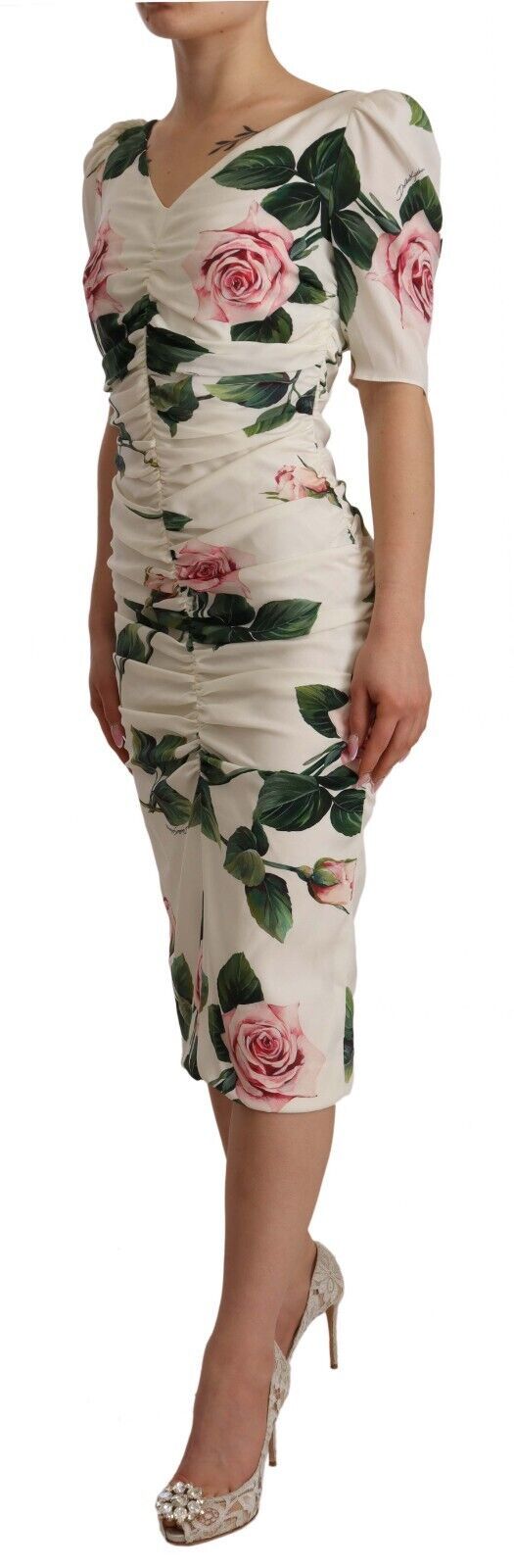 Dolce &amp; Gabbana White Roses Print Stretch Silk -laskosmekko