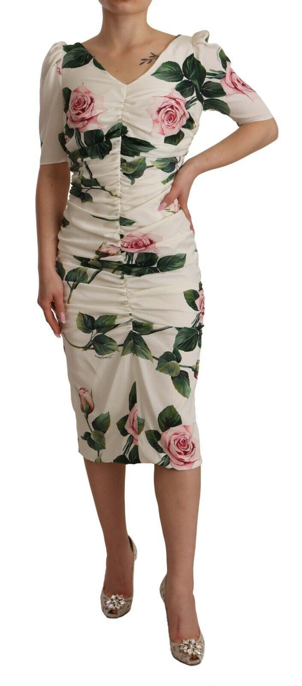 Dolce &amp; Gabbana White Roses Print Stretch Silk -laskosmekko