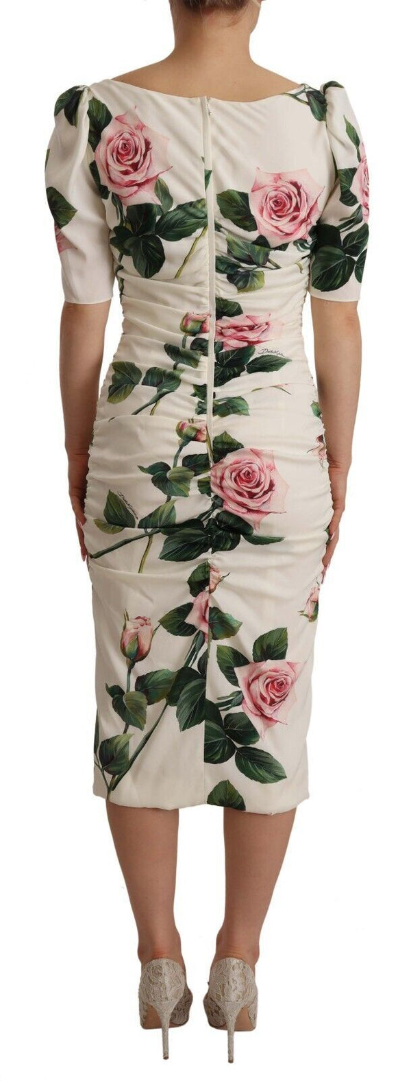 Dolce &amp; Gabbana White Roses Print Stretch Silk -laskosmekko