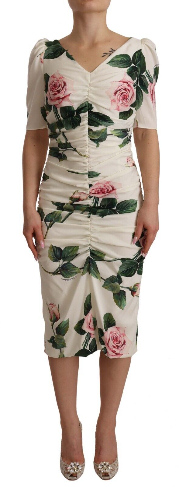 Dolce &amp; Gabbana White Roses Print Stretch Silk -laskosmekko