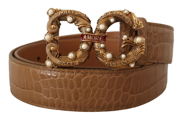 Dolce &amp; Gabbana Ruskea krokotiilikuvioinen nahkalogo Amore Belt