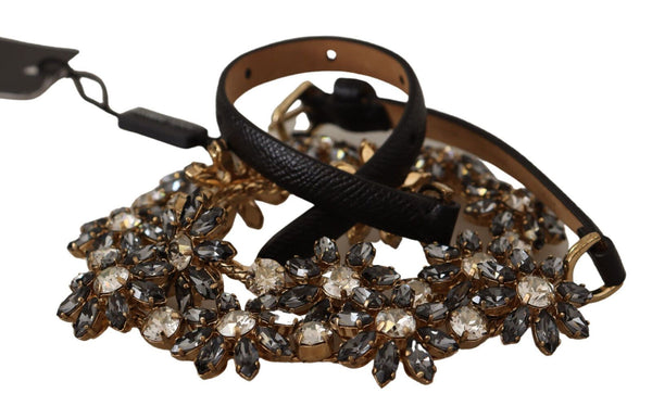 Dolce &amp; Gabbana Black Daisy Crystal Dauphine Texture Belt