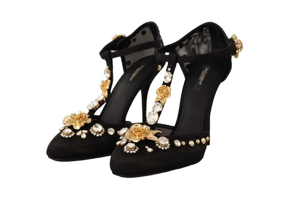 Dolce &amp; Gabbana Black Mesh Crystals T-strap Heels Pumps Kengät