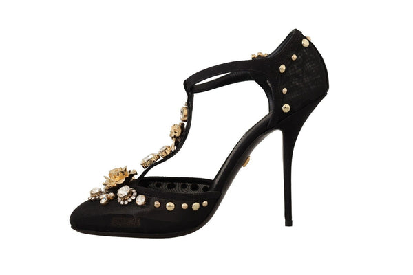 Dolce &amp; Gabbana Black Mesh Crystals T-strap Heels Pumps Kengät