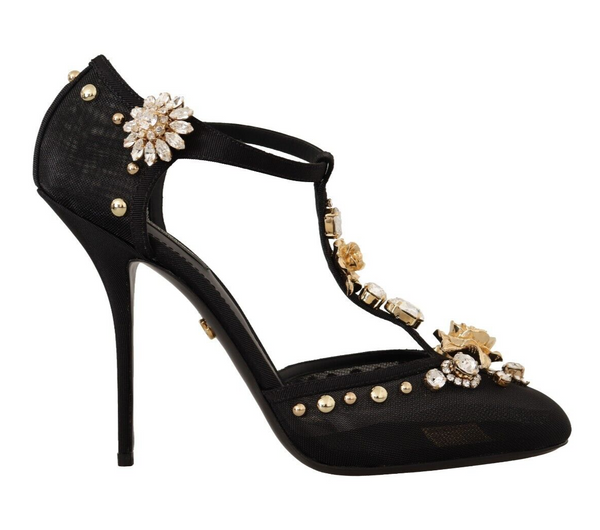 Dolce &amp; Gabbana Black Mesh Crystals T-strap Heels Pumps Kengät