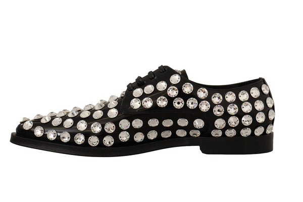 Dolce &amp; Gabbana Black Leather Crystals Lace Up Muodolliset kengät