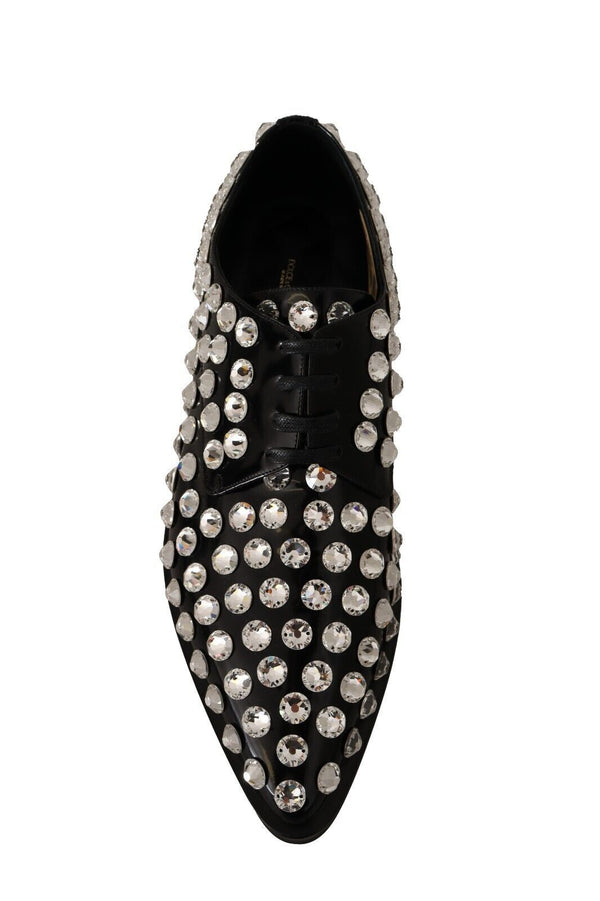 Dolce &amp; Gabbana Black Leather Crystals Lace Up Muodolliset kengät