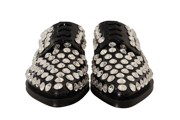 Dolce &amp; Gabbana Black Leather Crystals Lace Up Muodolliset kengät