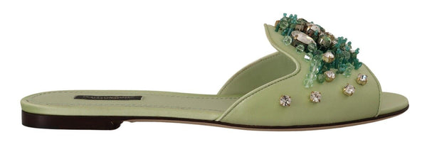 Dolce &amp; Gabbana Green Leather Crystals Slides Naisten tasaiset kengät