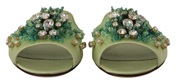 Dolce &amp; Gabbana Green Leather Crystals Slides Naisten tasaiset kengät