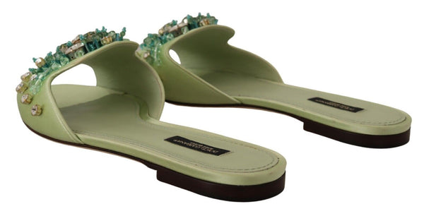 Dolce &amp; Gabbana Green Leather Crystals Slides Naisten tasaiset kengät