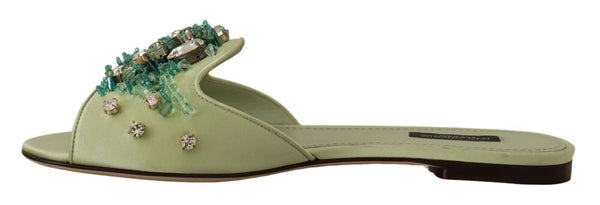 Dolce &amp; Gabbana Green Leather Crystals Slides Naisten tasaiset kengät