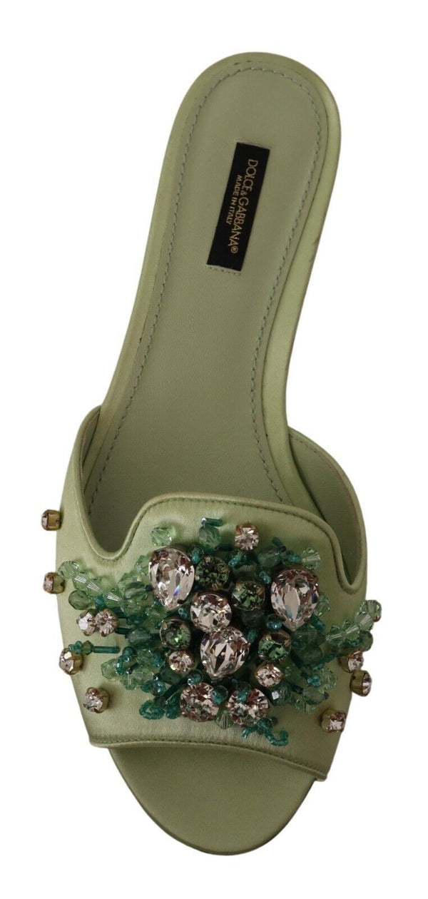 Dolce & Gabbana Elegant Crystal-Embellished Green Leather Slides