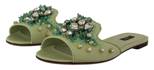 Dolce &amp; Gabbana Green Leather Crystals Slides Naisten tasaiset kengät