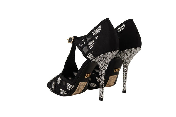 Dolce &amp; Gabbana Black Crystals T-strap Heels Pumps Kengät