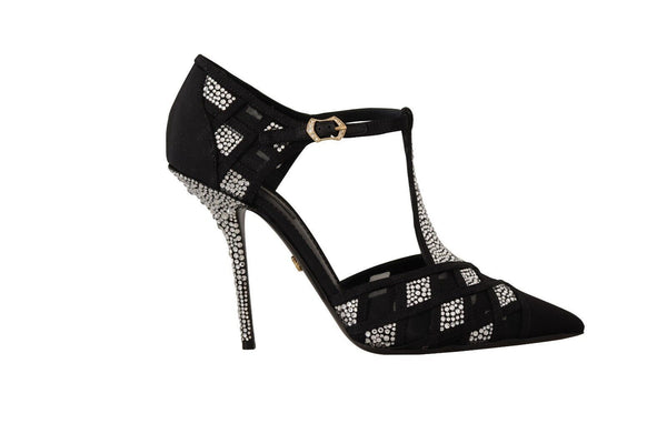 Dolce &amp; Gabbana Black Crystals T-strap Heels Pumps Kengät