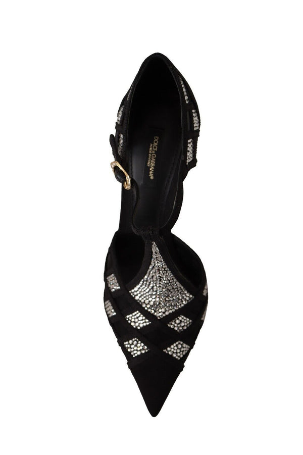 Dolce &amp; Gabbana Black Crystals T-strap Heels Pumps Kengät