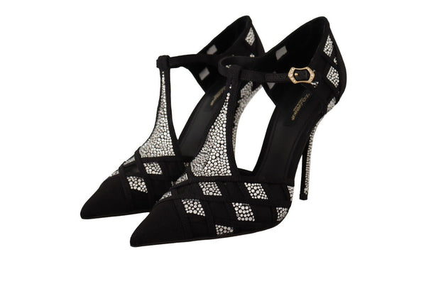 Dolce &amp; Gabbana Black Crystals T-strap Heels Pumps Kengät