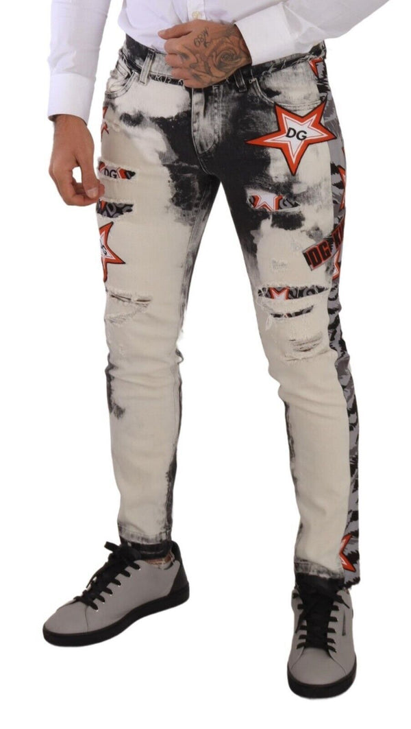 Dolce &amp; Gabbana White Black Cotton Distressed Skinny Denim Farkut