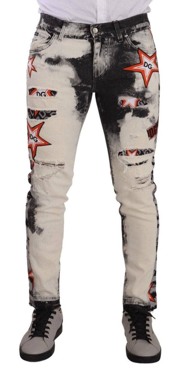 Dolce &amp; Gabbana White Black Cotton Distressed Skinny Denim Farkut