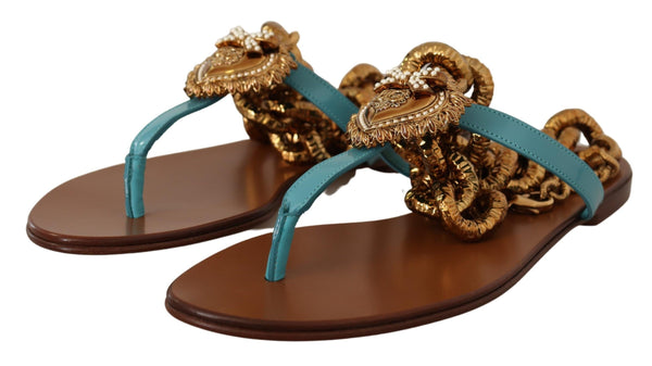 Dolce &amp; Gabbana Blue Leather Devotion Flats -sandaalit