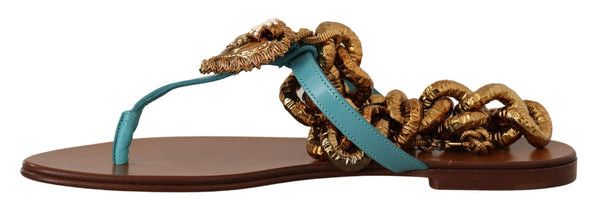 Dolce &amp; Gabbana Blue Leather Devotion Flats -sandaalit