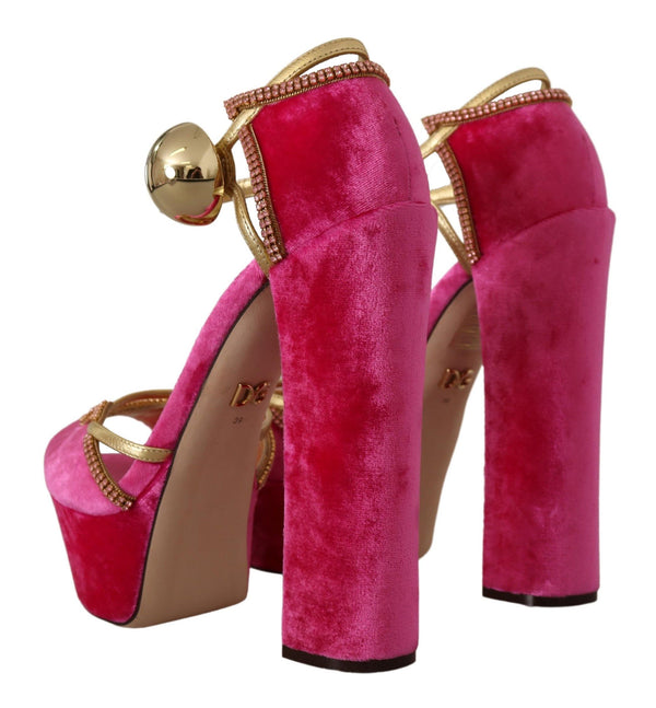 Dolce &amp; Gabbana Pink Velvet Crystal Ankle Strap Sandals -kengät