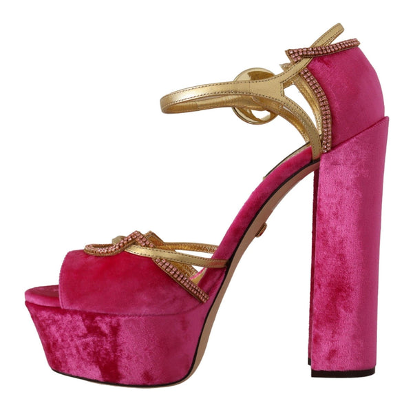 Dolce &amp; Gabbana Pink Velvet Crystal Ankle Strap Sandals -kengät