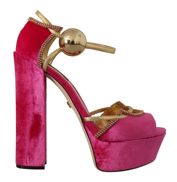 Dolce &amp; Gabbana Pink Velvet Crystal Ankle Strap Sandals -kengät