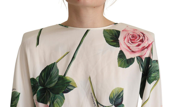 Dolce &amp; Gabbana White Rose Print pitkähihainen A-linjainen mekko