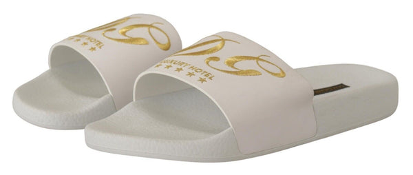 Dolce &amp; Gabbana White Leather Luxury Hotel Slides Sandals Shoes