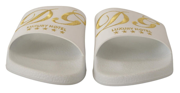 Dolce &amp; Gabbana White Leather Luxury Hotel Slides Sandals Shoes