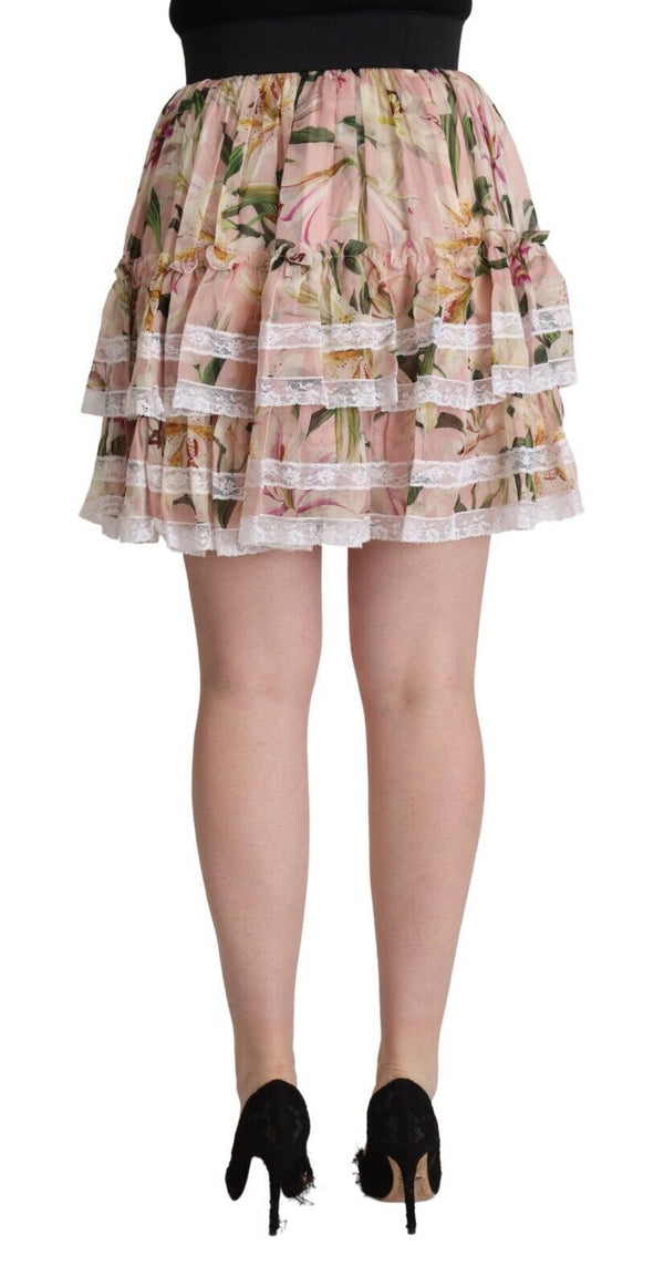 Dolce &amp; Gabbana Pink Lily Print Silk Mini Porrastettu A-linjainen hame