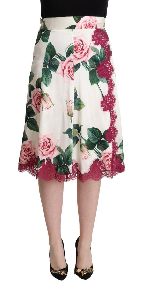 Dolce &amp; Gabbana White Rose Print High Waist Midi A-linjainen hame