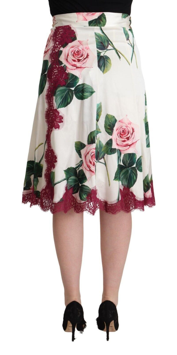 Dolce &amp; Gabbana White Rose Print High Waist Midi A-linjainen hame