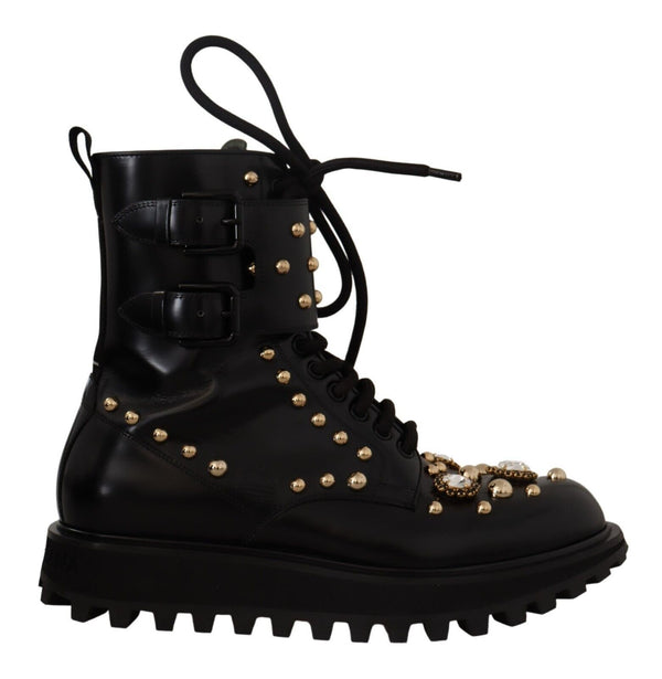 Dolce &amp; Gabbana Black Leather Crystal Ebellished Boots -kengät