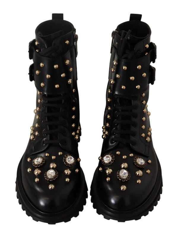 Dolce &amp; Gabbana Black Leather Crystal Ebellished Boots -kengät