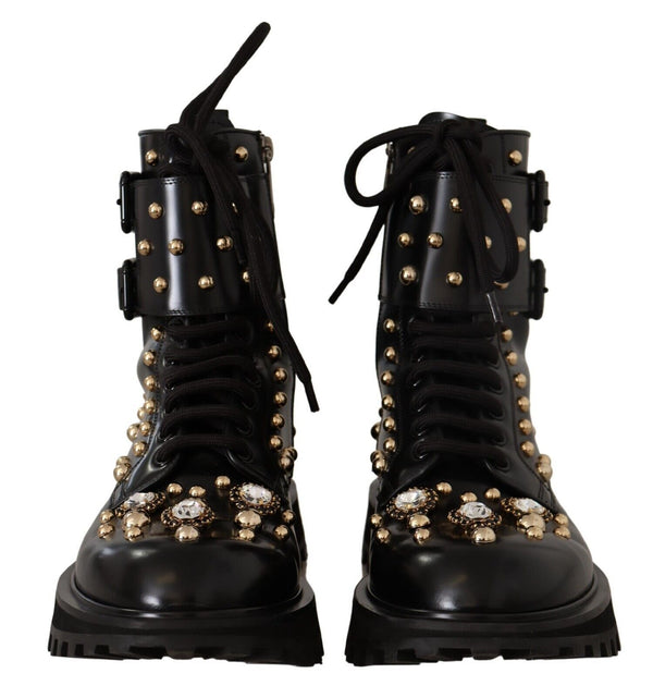 Dolce &amp; Gabbana Black Leather Crystal Ebellished Boots -kengät