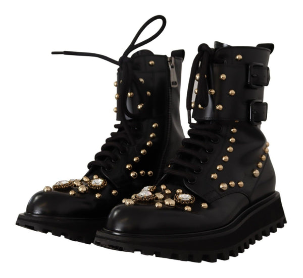 Dolce &amp; Gabbana Black Leather Crystal Ebellished Boots -kengät