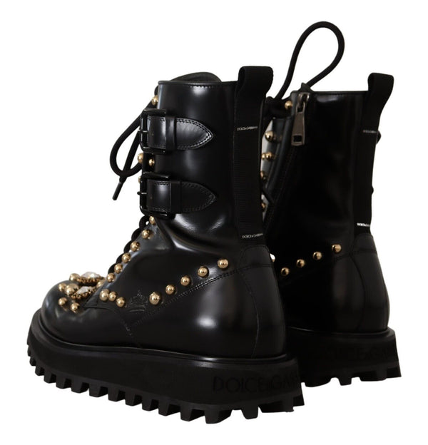 Dolce &amp; Gabbana Black Leather Crystal Ebellished Boots -kengät