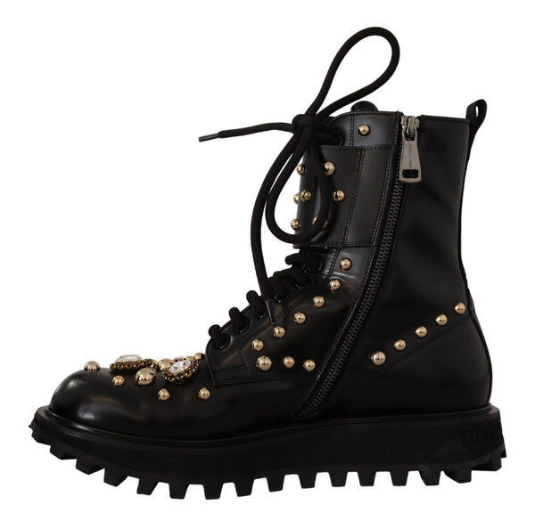 Dolce &amp; Gabbana Black Leather Crystal Ebellished Boots -kengät